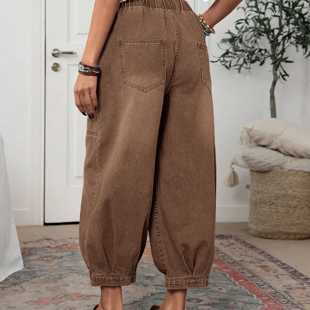 Coffee Brown Casual Women's Elastic Waist Loose Tapered Jeans